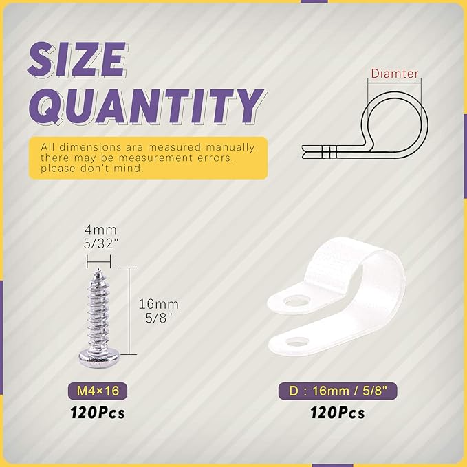 Swpeet 120 Pack White 5/8 Inch Nylon Plastic R-Type Cable Clips Clamp Kit - Image 2