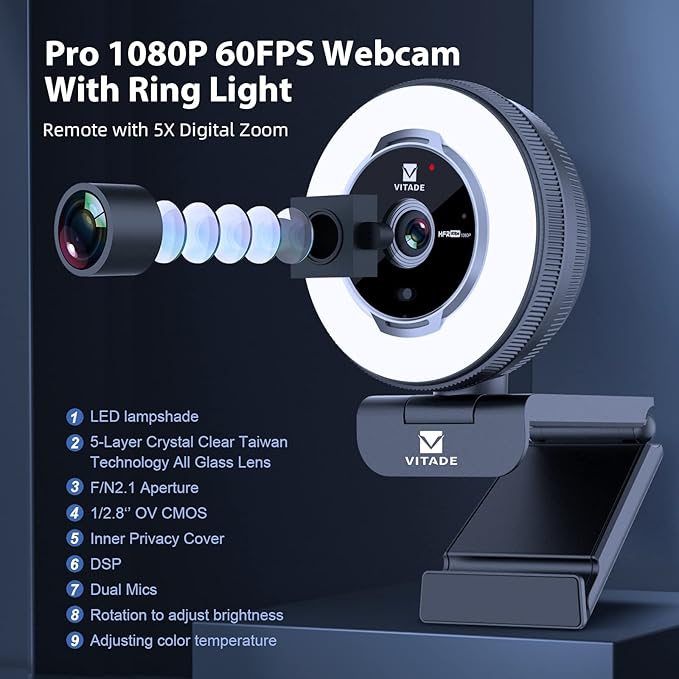 Zoomable Webcam with Remote Control, 1080P 60FPS Streaming with Ring Light and - Image 2