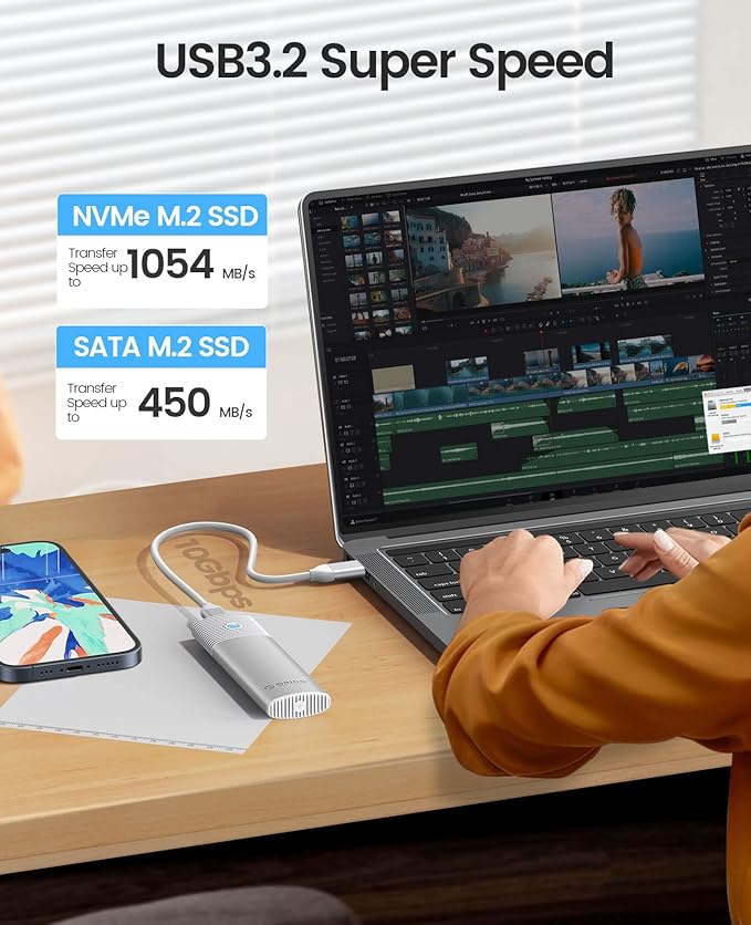 ORICO M.2 NVMe SATA SSD Enclosure Adapter Tool-Free, USB C 3.2 Gen 2 10Gbps NVMe - Image 2