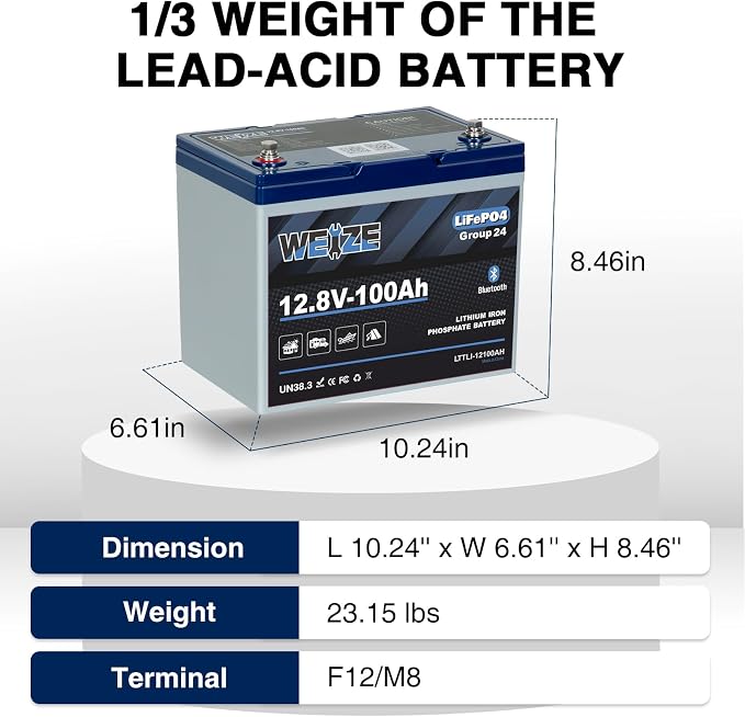 Weize 12V 100Ah Group 24 Bluetooth LiFePO4 Lithium Battery, Built-in 120A BMS - Image 3