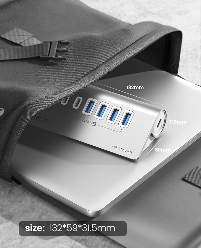 ORICO 7 Port USB Hub 10Gbps, Aluminum USB 3.2 Gen 2 Hub, 6 USB 3.2 Data Ports - Image 7