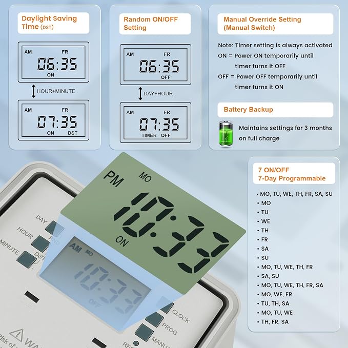 SURAIELEC Pool Timer, 7-Day Digital Pump Timer Switch, 40 AMP Heavy Duty - Image 3