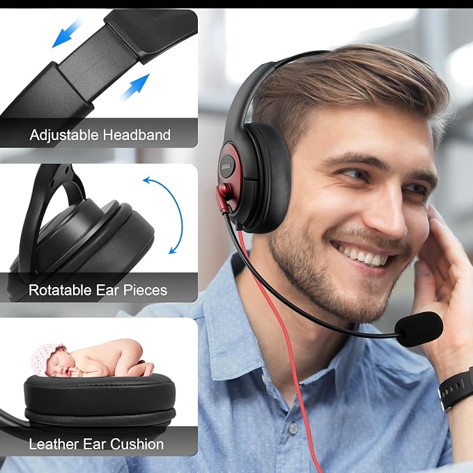 MAIRDI USB Headset with Microphone, Wired PC Headset, USB-A & USB-C Computer - Image 6