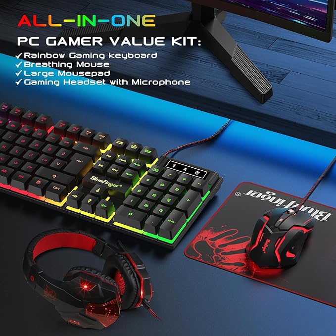 BlueFinger RGB Gaming Keyboard and Backlit Mouse and Headset Combo, USB Wired - Image 6