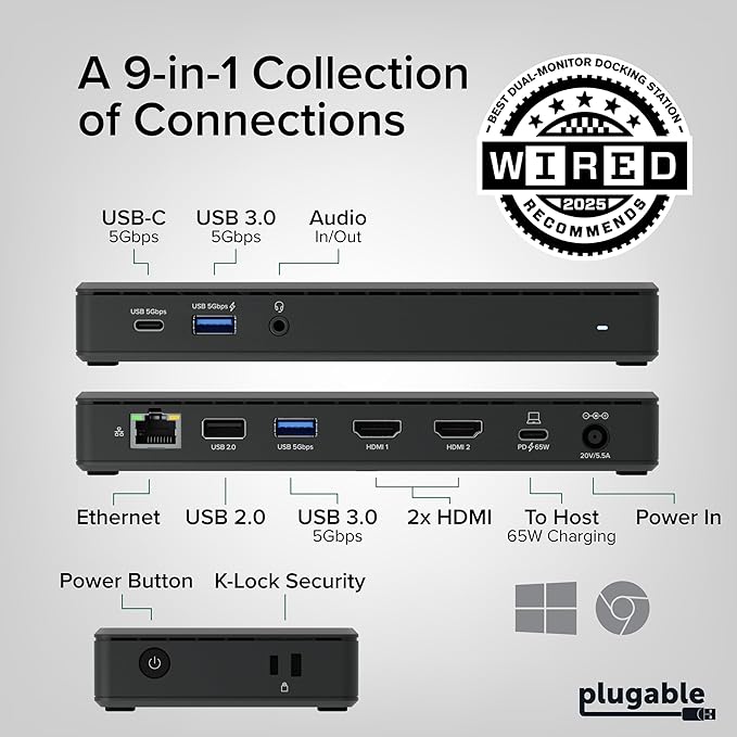 Plugable USB-C Docking Station Dual 4K 60Hz HDMI, 65W Charging, Gigabit Ethernet - Image 2