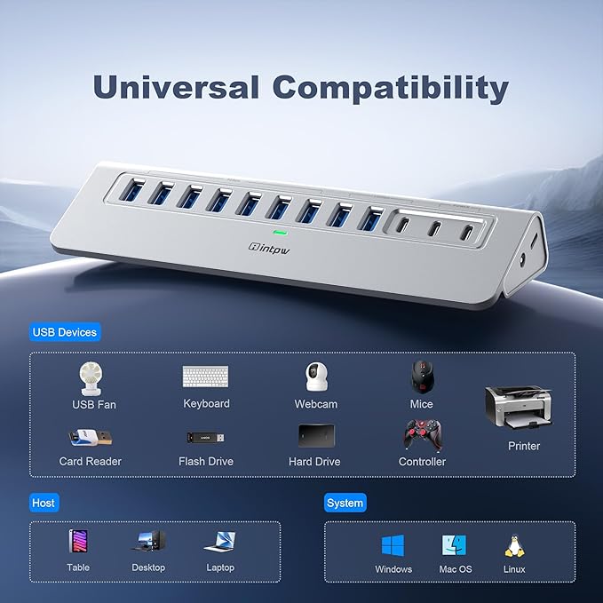 Powered USB Hub 10Gbps, intpw YH9AC 12 Port USB C Hub - Image 8