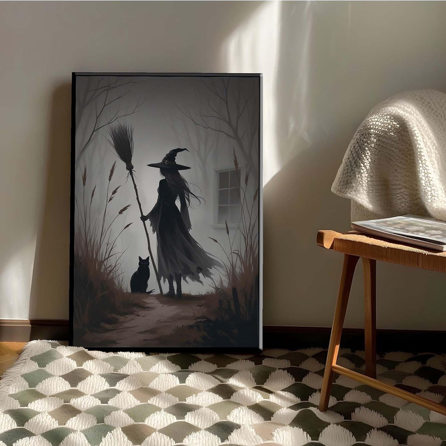 JFHCQJPK Vintage forest witch and black cat poster Halloween mural poster decoration mural art magic suitable for home living room bedroom12x16in Metal blackFramed