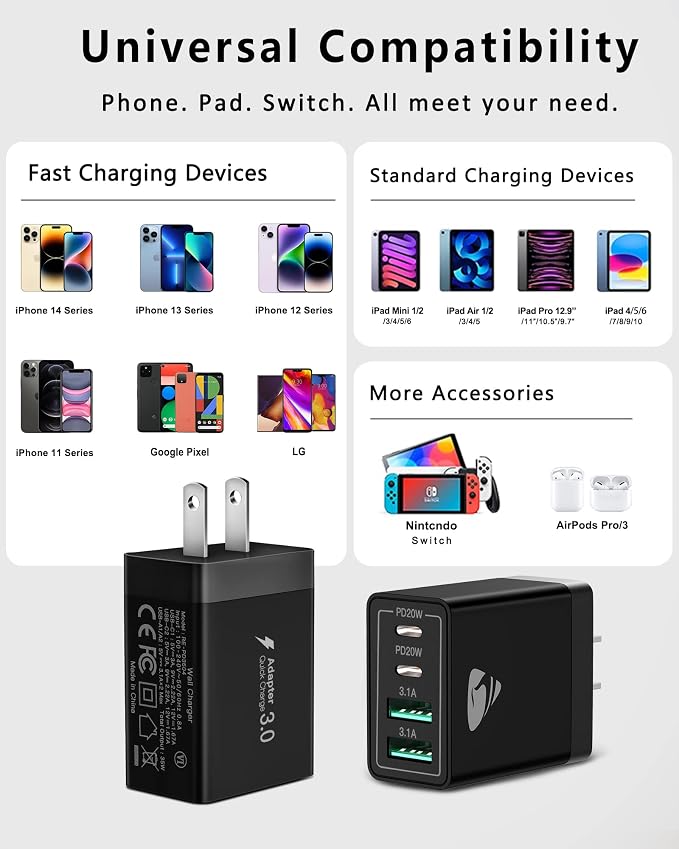USB C Wall Charger Block, Aiminu 40W 4-Port Fast Charging Block Dual Port QC+PD - Image 6
