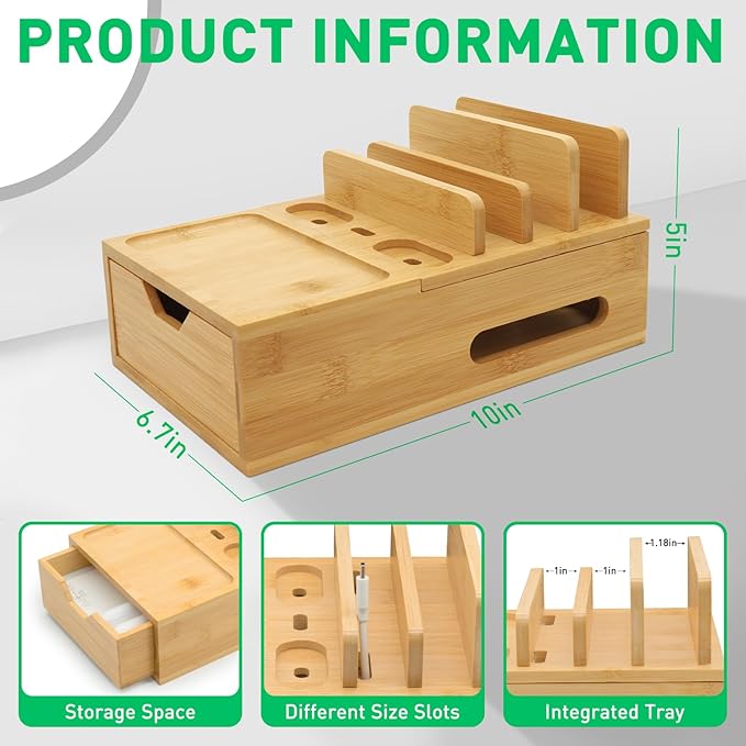 Bamboo Charging Station for Multiple Devices, Desktop Wood Charger Organizer - Image 2