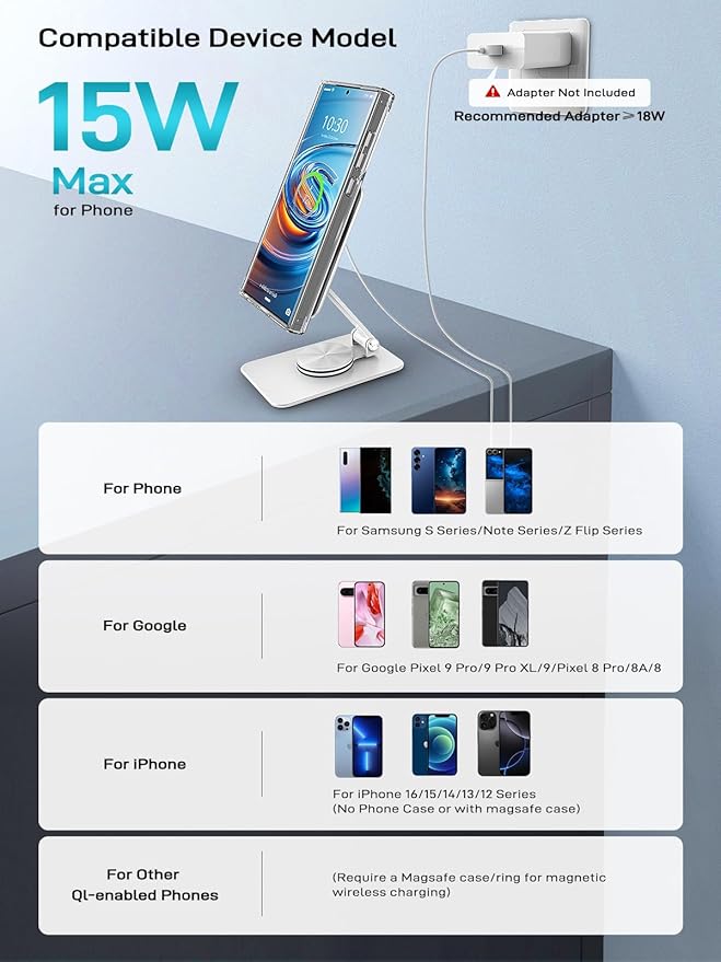 Compatible with MagSafe Charger, 15W MagSafe Charger Stand, 360°Rotation Base - Image 2