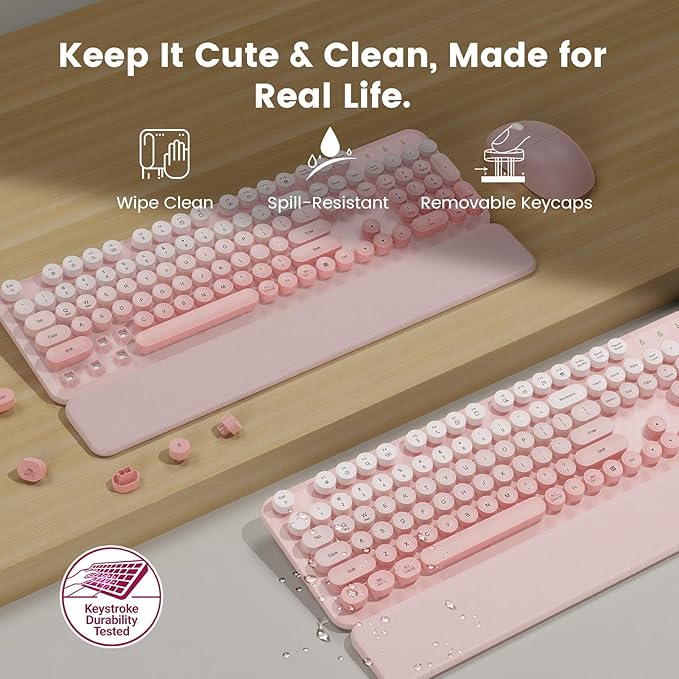 Wireless Keyboard and Mouse Combo, Magnetic Soft-Touch Wrist Rest, Round Keycaps - Image 4