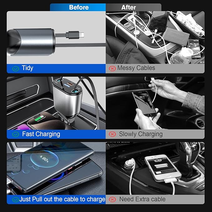 4 in 1 Retractable Car Charger, USB C Fast Charging Adapter - Image 6