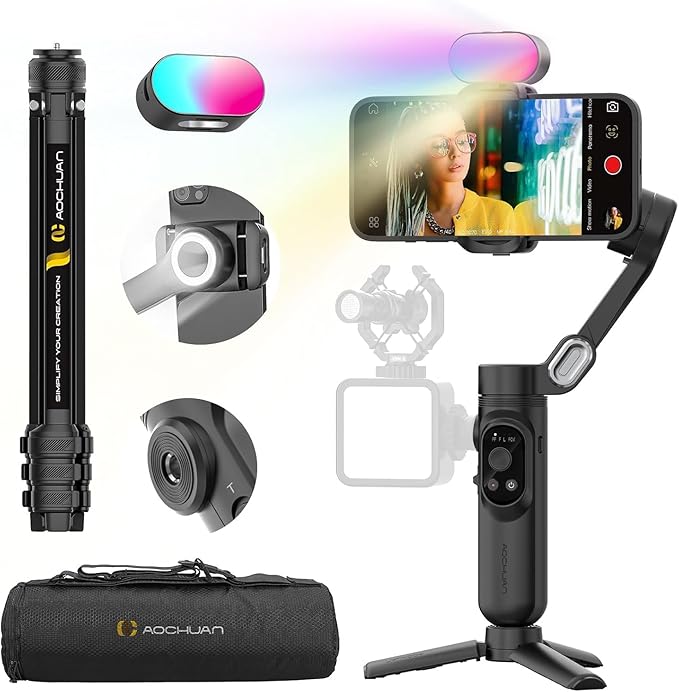 3-Axis Gimbal Stabilizer for iPhone & Android w/RGB Light, Handheld Phone by AOCHUAN
