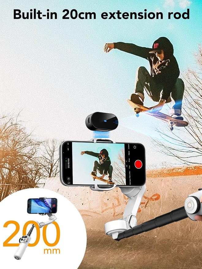 Gimbal Stabilizer for Smartphone, NO APP Tracking, 20CM Extension Rod, Face & - Image 3