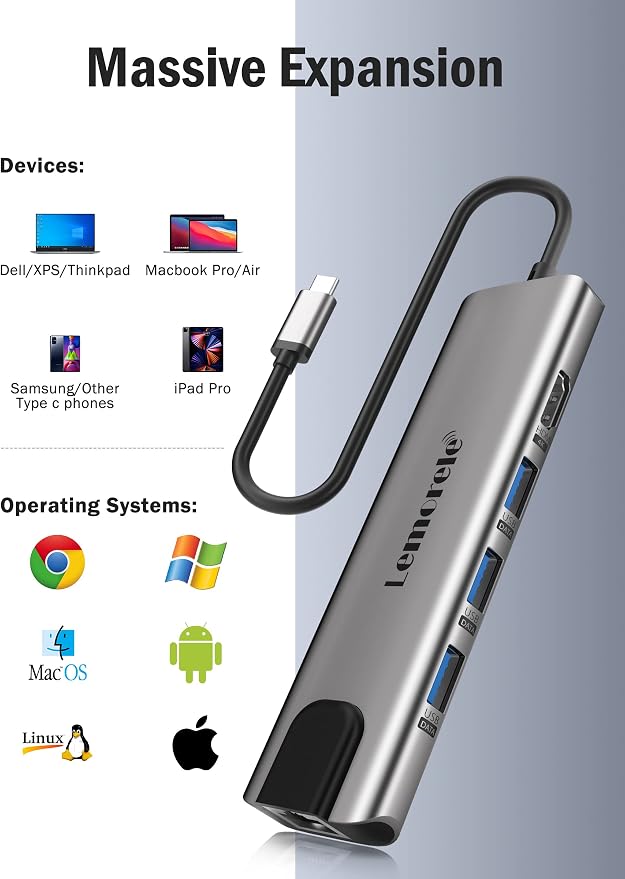 Lemorele USB C Hub Multiport Adapter 9 in 1 w/Gigabit Ethernet, 100W PD - Image 7