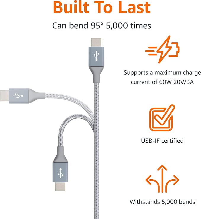 Amazon Basics USB C to USB C Cable Charger Cable, Nylon Braided Cord, 480Mbps - Image 2