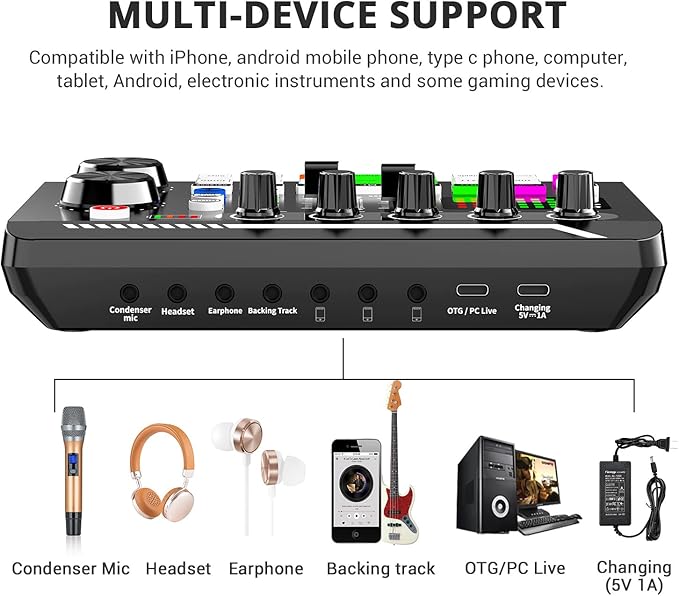 Facmogu F998 Live Sound Card Audio Mixer, Podcast Audio Interface - Image 4