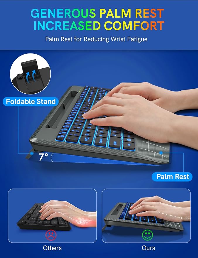 Wireless Keyboard with 7 Colored Backlit, Wrist Rest, Phone Holder, - Image 3