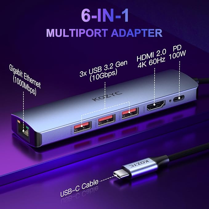 USB C Hub Ethernet, KOZYC 6-in-1 USB C Hub - Image 2