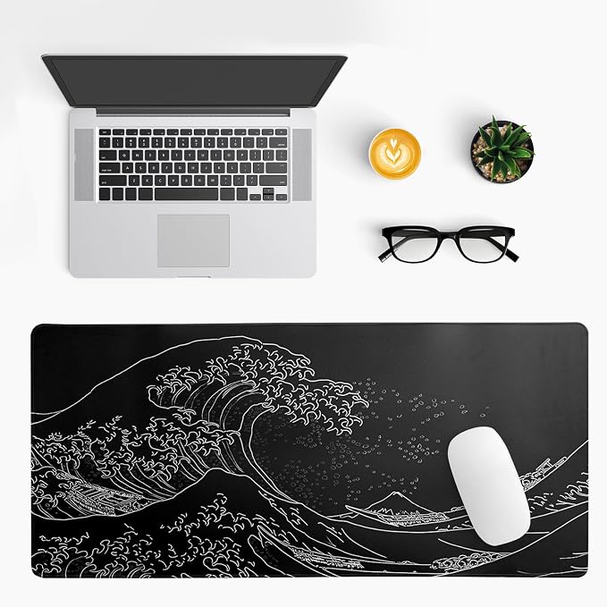Japanese Gaming Mouse Pad Abstract Black Mouse Pad 31.5x11.8 Inch Black Sea - Image 3