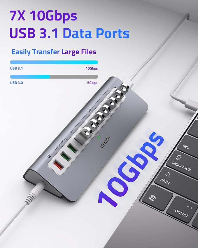 Powered USB Hub 10Gbps, 10 Ports USB 3.1 Gen 2 Hub Power Multiport USB Splitter - Image 3