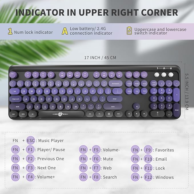 Wireless Keyboard and Mouse Combo, 104 Round Keys Cute Colorful Keyboard and - Image 3