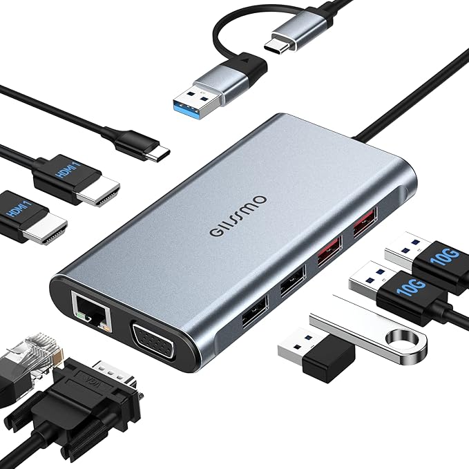 USB Docking Station Dual Monitor, GIISSMO 9-in-1 USB A 3.0 / USB C Docking by GIISSMO