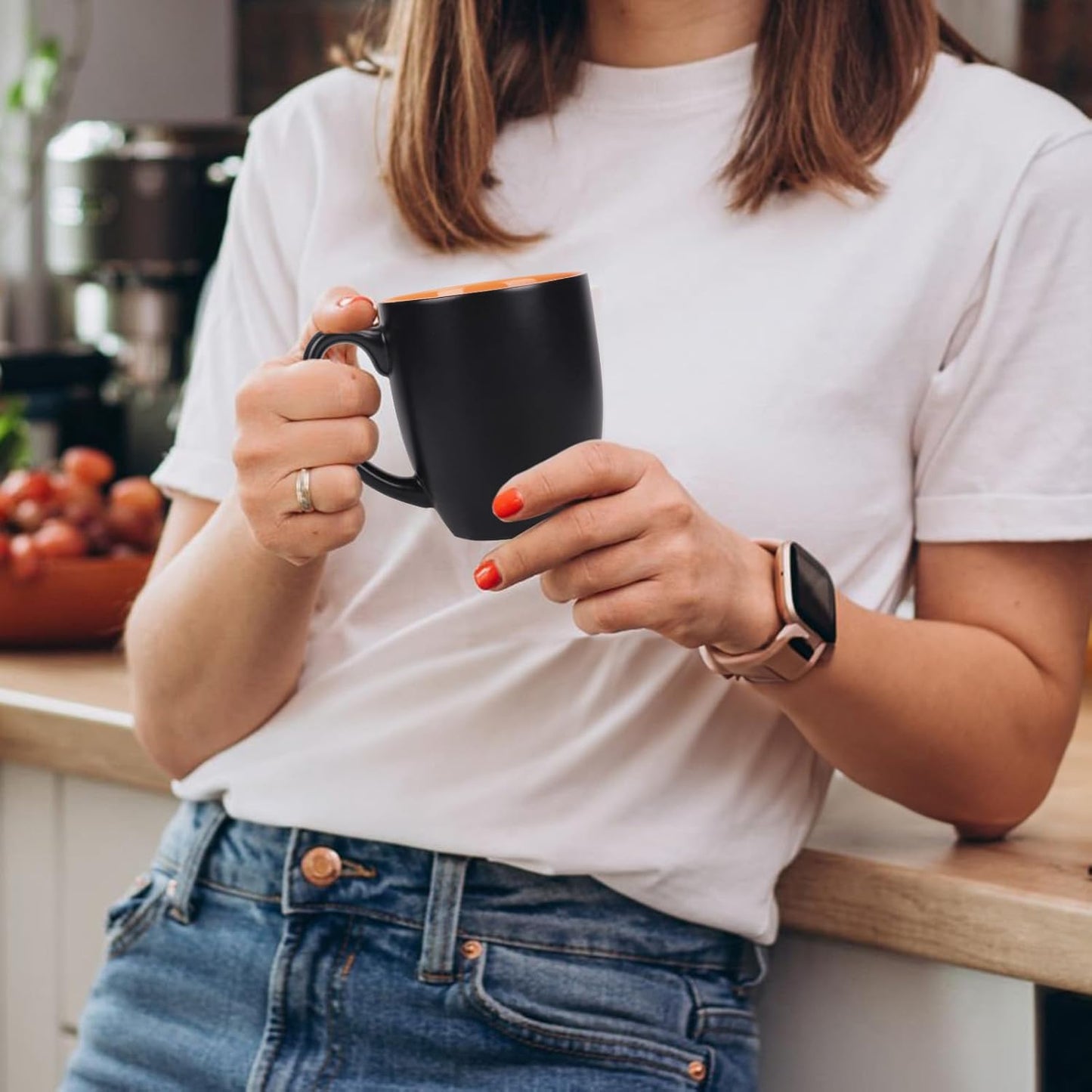 16 OZ Stoneware Coffee Mug Set of 6, Black Ceramic Mug with Different Color Inside, Colorful Porcelain Mug with Handle for Latte Espresso Cappuccino