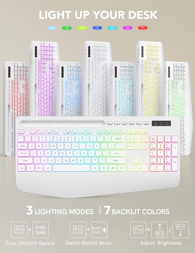 Wireless Keyboard and Mouse Backlits, Wrist Rest, LED Mouse, Rechargeable - Image 2