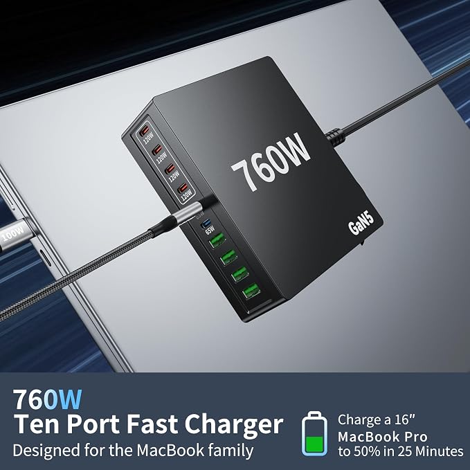 760W USB C Charger Block, 10 Port Fast Charging Station Hub Brick PD 100W Gan - Image 5