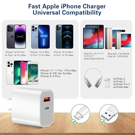 Fast Charger iPhone, Dual Port A/C Charging Adapter, Apple Charger Block 10FT - Image 3