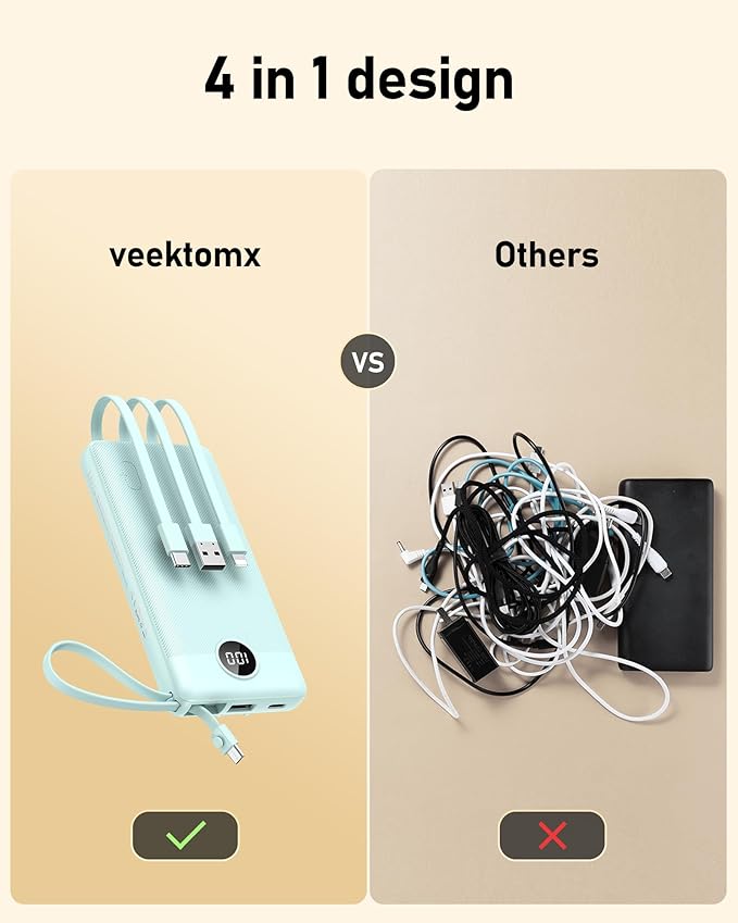 VEEKTOMX Portable Charger with Built-in Cables 10000mAh Power Bank - Image 2