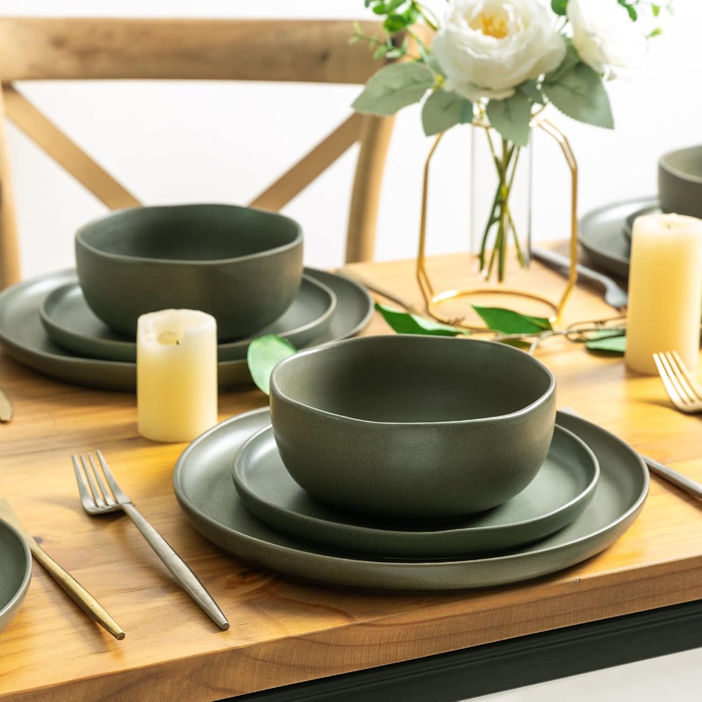 AmorArc Dinnerware Sets, Wavy Rim Plates and Bowls Sets,Highly Chip and Crack Resistant | Dishwasher & Microwave & Oven Safe Dishes set, Service for 8 (24pc)