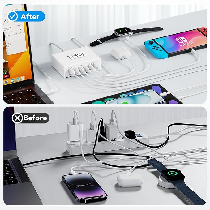 165W USB C Charging Station Hub, 6 Port PD GaN Fast Wall Charger Block Type C - Image 5