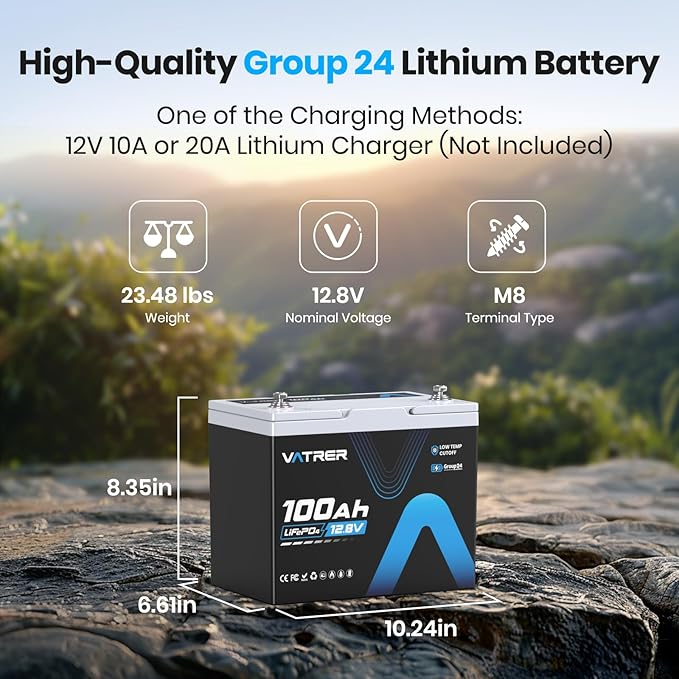 12V 100Ah Group 24 Lithium Deep Cycle Battery, 100A BMS Rechargeable LiFePO4 - Image 2