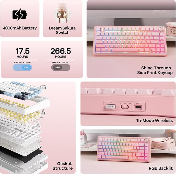 EPOMAKER X Aula F75 75% Wireless Gaming Keyboard, BT/2.4GHz/USB-C, Hot - Image 3
