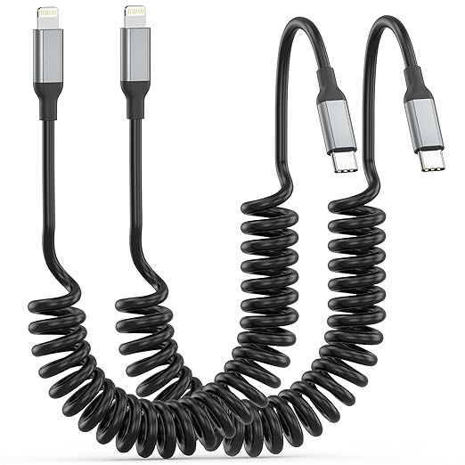 Coiled USB C to Lightning Cable 2 Pack, Retractable USB C iPhone Charger PD by AceceneUSBChargingCables