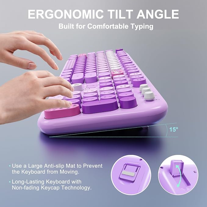 Wireless Keyboard and Mouse Set, 104 Round Keys Full-Size Cute Colorful - Image 8