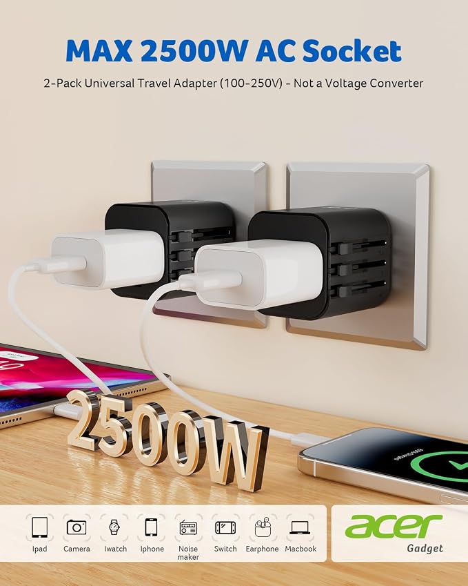 Acer European Travel Plug Adapter，Universal Travel Adapter, International Power - Image 2