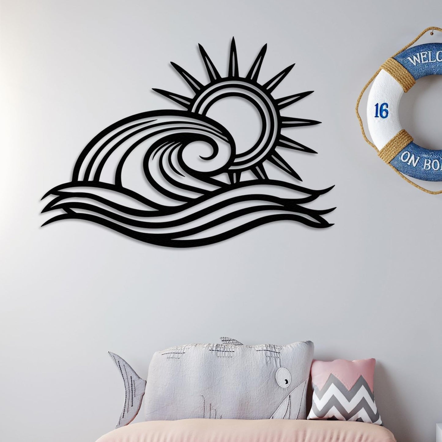 Wita Home Ocean Wave Metal Wall Art, Sun Beach Decor, Coastal Large Wall Sculpture for Home, Indoor/Outdoor Use, Nautical Wall Hanging, Eye-Catching Addition to Living Room (Silver, 32 x 19 inches)