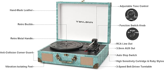 Vinyl Record Player with Bluetooth Output & Input, Treble & Bass Control - Image 6