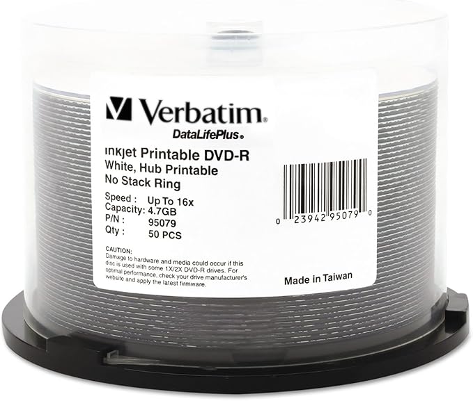 Verbatim DVD-R Blank Discs 4.7GB 16X DataLifePlus White Inkjet Printable by Verbatim