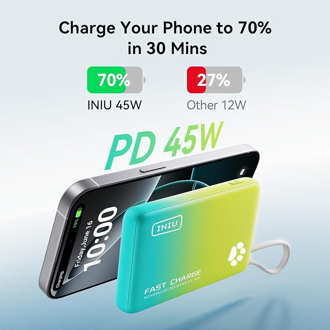 INIU PawGo Portable Charger, 45W PD 10000mAh Fast Charging Slim Power Bank - Image 2