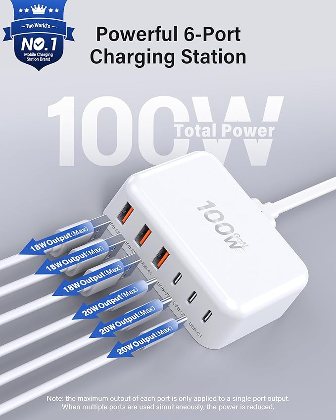 USB C Fast Charger, 100W GaN 6 Port Type C Charging Station Hub Block Cube - Image 2