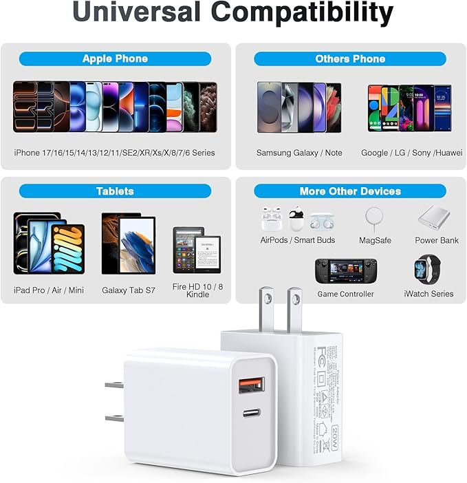 2-Pack Type C Charger Adapter, 20W Multiport Fast Charge Power Brick Cube - Image 3