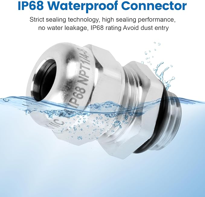 2 Pcs 1/4" NPT Stainless Steel Waterproof Cable Gland, IP68 Waterproof - Image 4