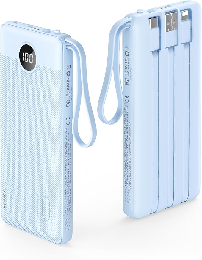 VRURC 10000mAh Power Bank Built-in Cables, Portable Charger by Home