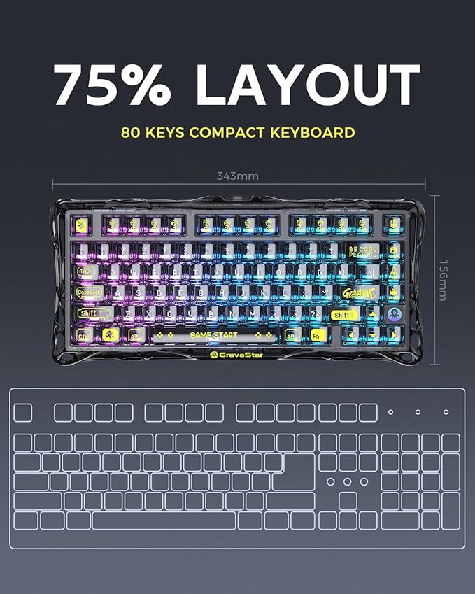 GravaStar Mercury K1 Lite 75% Gaming Keyboard, 2.4GHz/BT/Wired Tri-Mode - Image 2