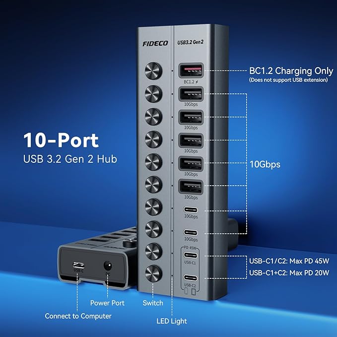 FIDECO 10-Port 72W Powered USB Hub, USB C Hub - Image 7