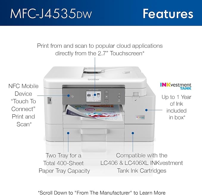 Brother MFC-J4535DW INKvestment -Tank All-in-One Color Inkjet Printer - Image 3